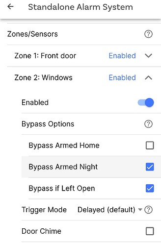 Bypass If Left Open is an available setting in the Standalone Alarm System configuration.